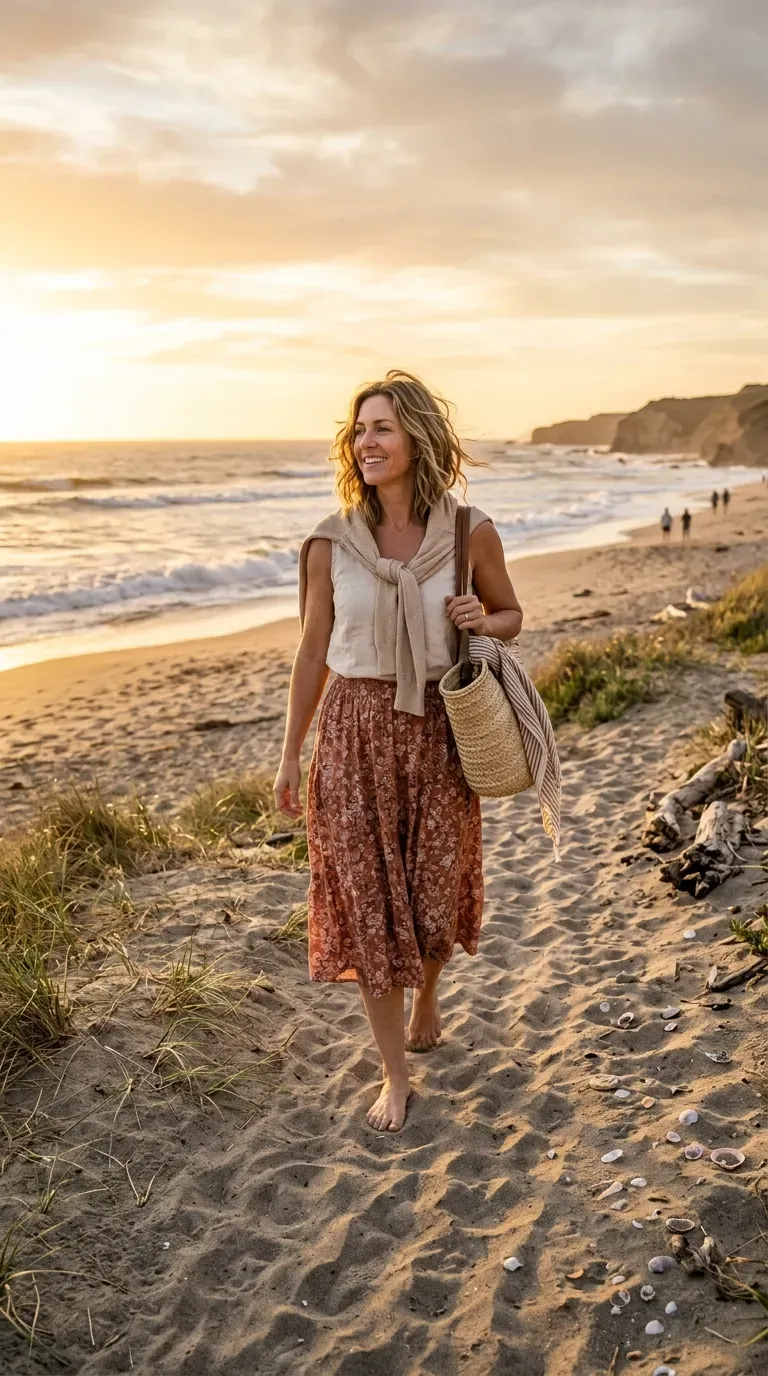 Woman over 40 with shoulder-length hair styled in effortless beachy waves
