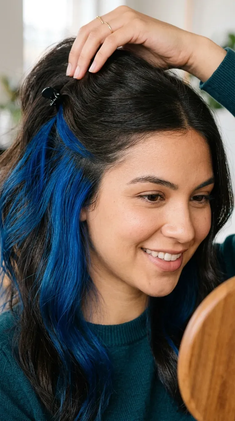 Woman with dark brunette hair showing hidden electric blue peekaboo highlights underneath