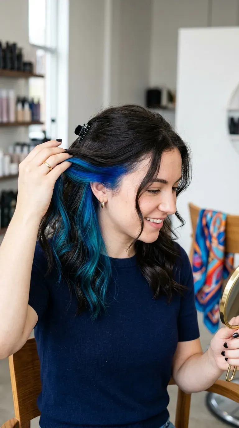 Woman with dark brunette hair showing hidden electric blue peekaboo highlights underneath