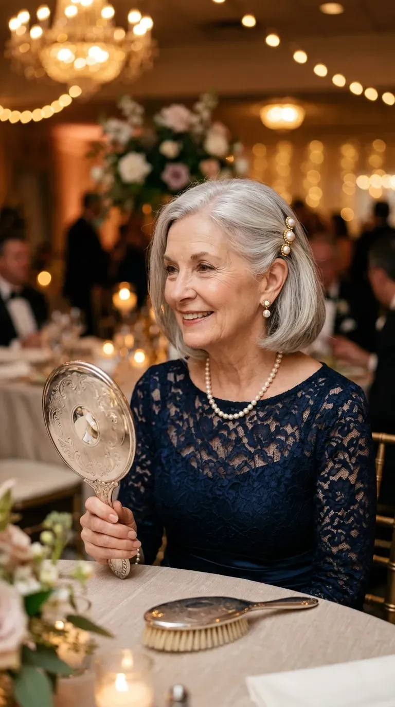Elderly woman with a bob styled elegantly pinned back for a special occasion