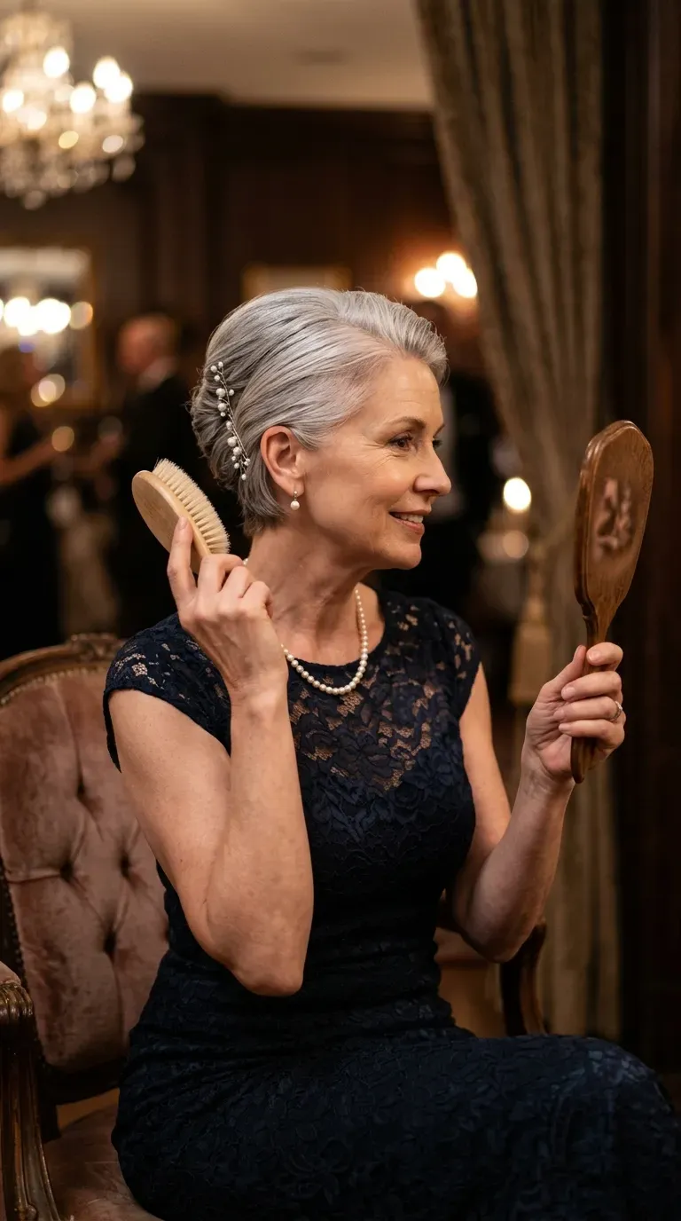 Woman over 50 with a pixie styled elegantly swept back for a formal look