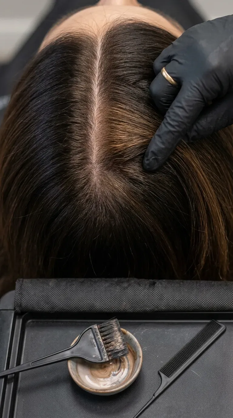 Close-up of a seamless espresso to toffee root melt blending brunette roots into softly toned ends