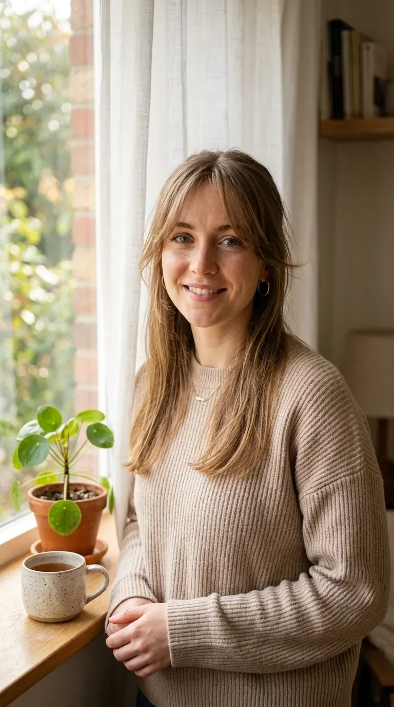 Woman with thin fine hair wearing face-framing layers with curtain bangs around the cheeks