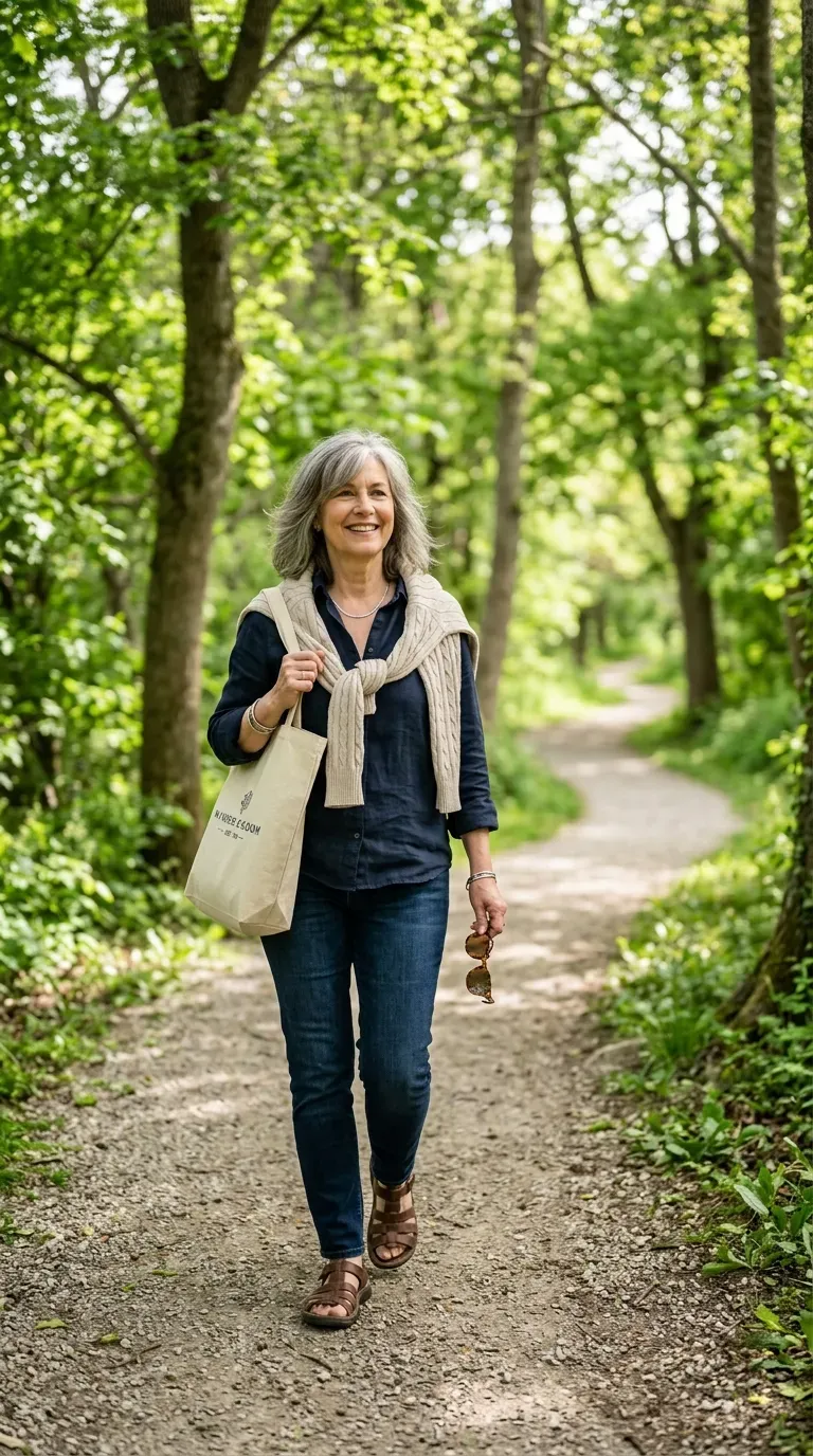 Woman over 60 with medium-length hair and soft face-framing layers walking outdoors