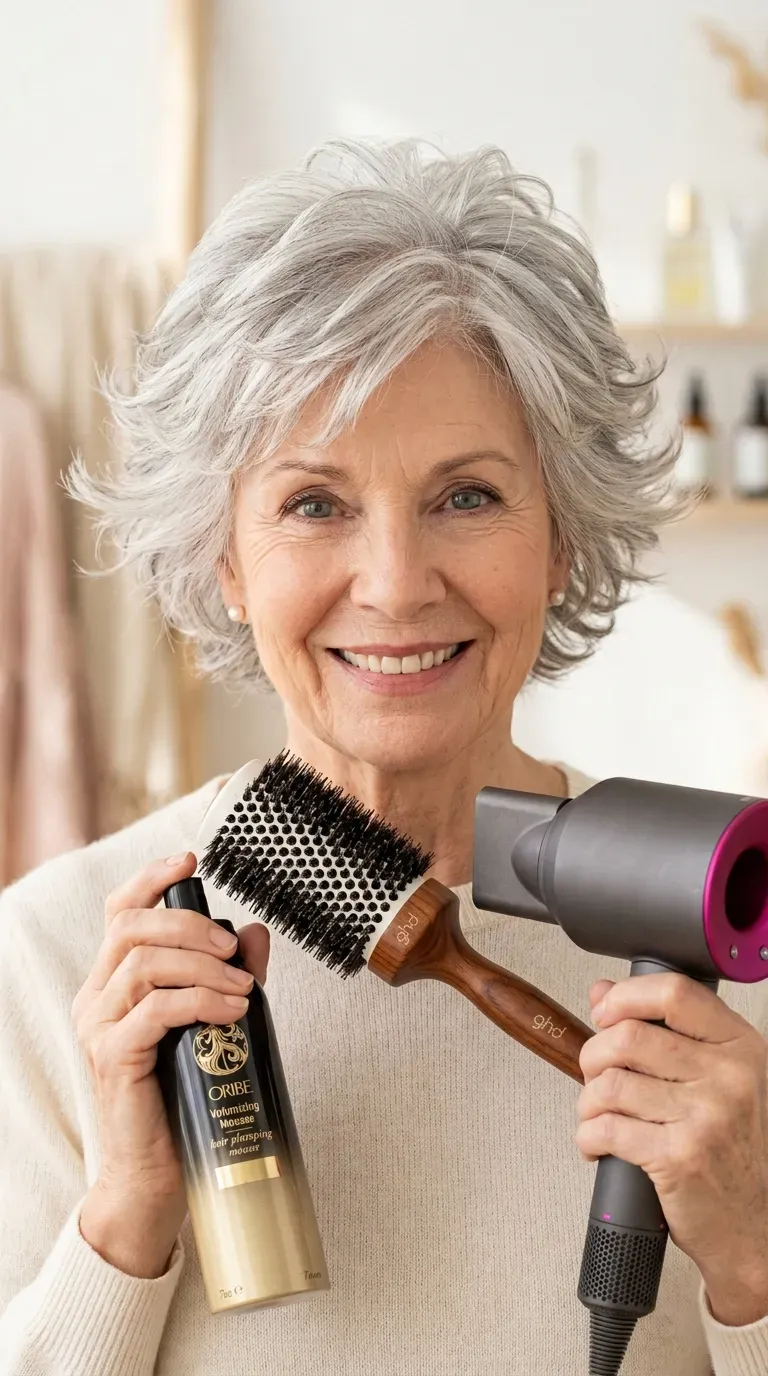 Elderly woman with a feathered crop haircut designed for fine, thinning hair