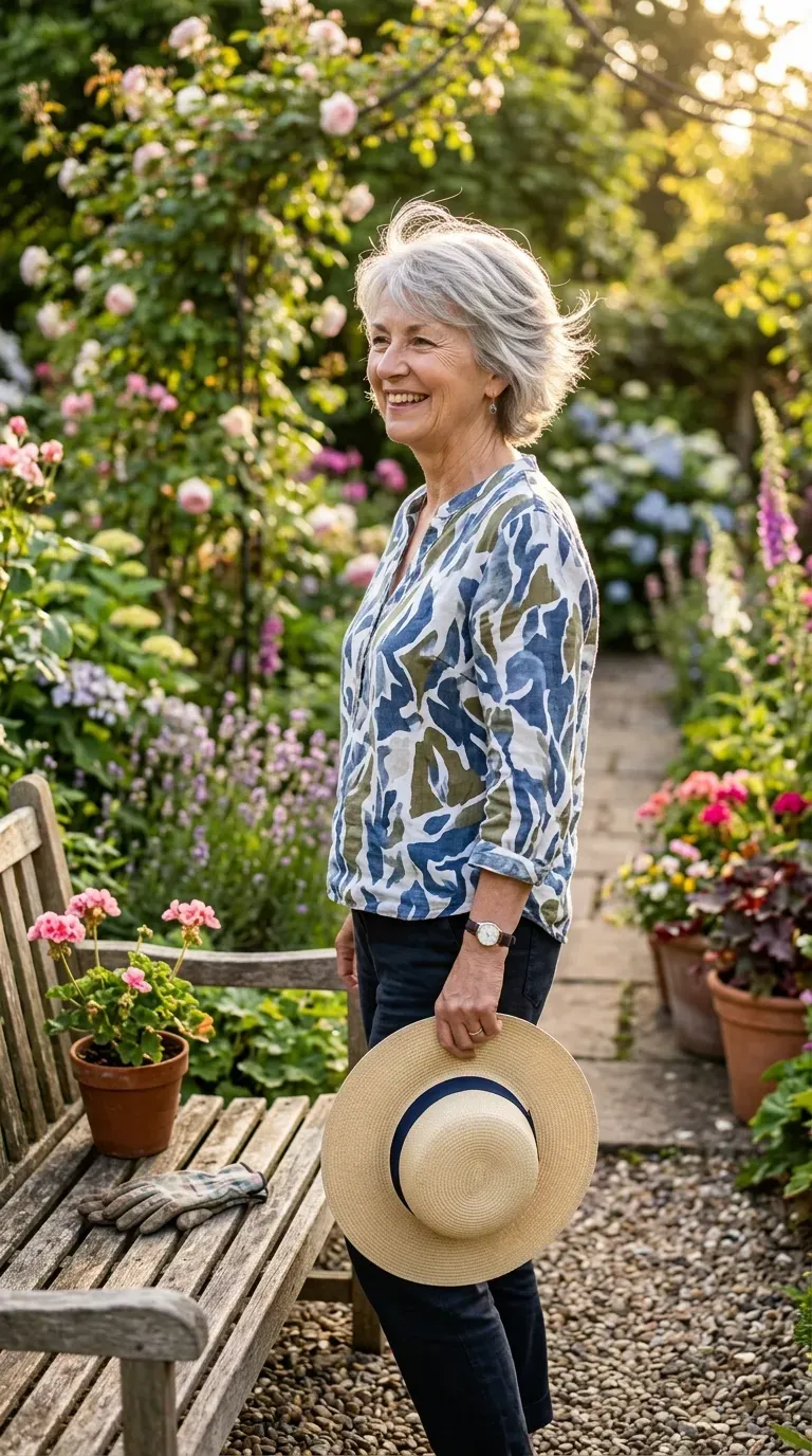 Woman over 60 with feathered gray crop haircut and lifted roots in a sunny garden