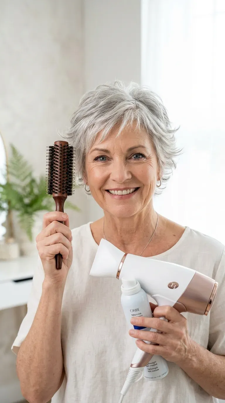 Woman over 50 with a feathered pixie cut styled with soft, flicked layers