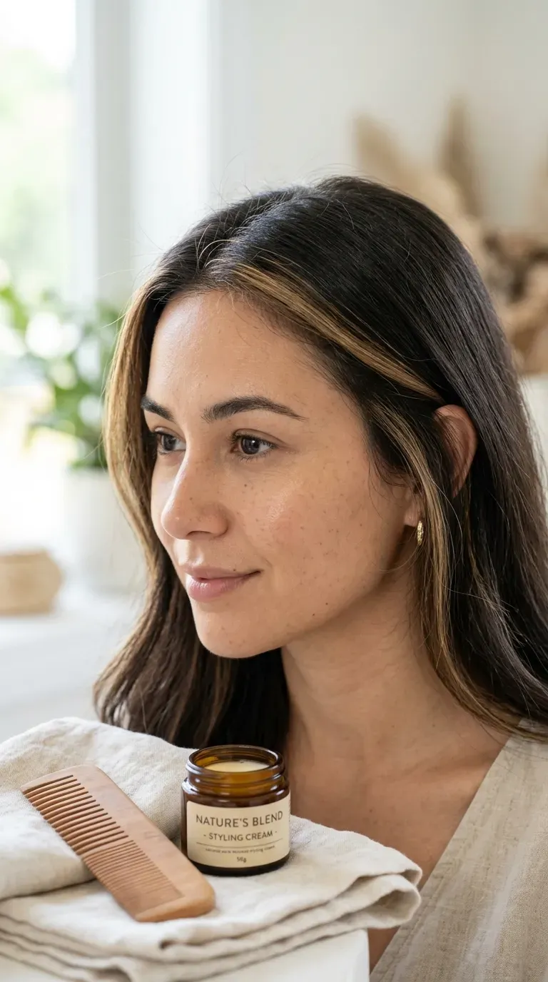 Close-up of fine dark brunette hair with soft natural money piece highlights near the hairline