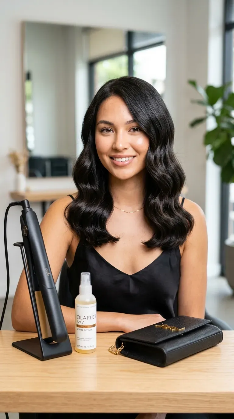 Woman with fine hair wearing flat-iron waves with a glossy finish styled for a party