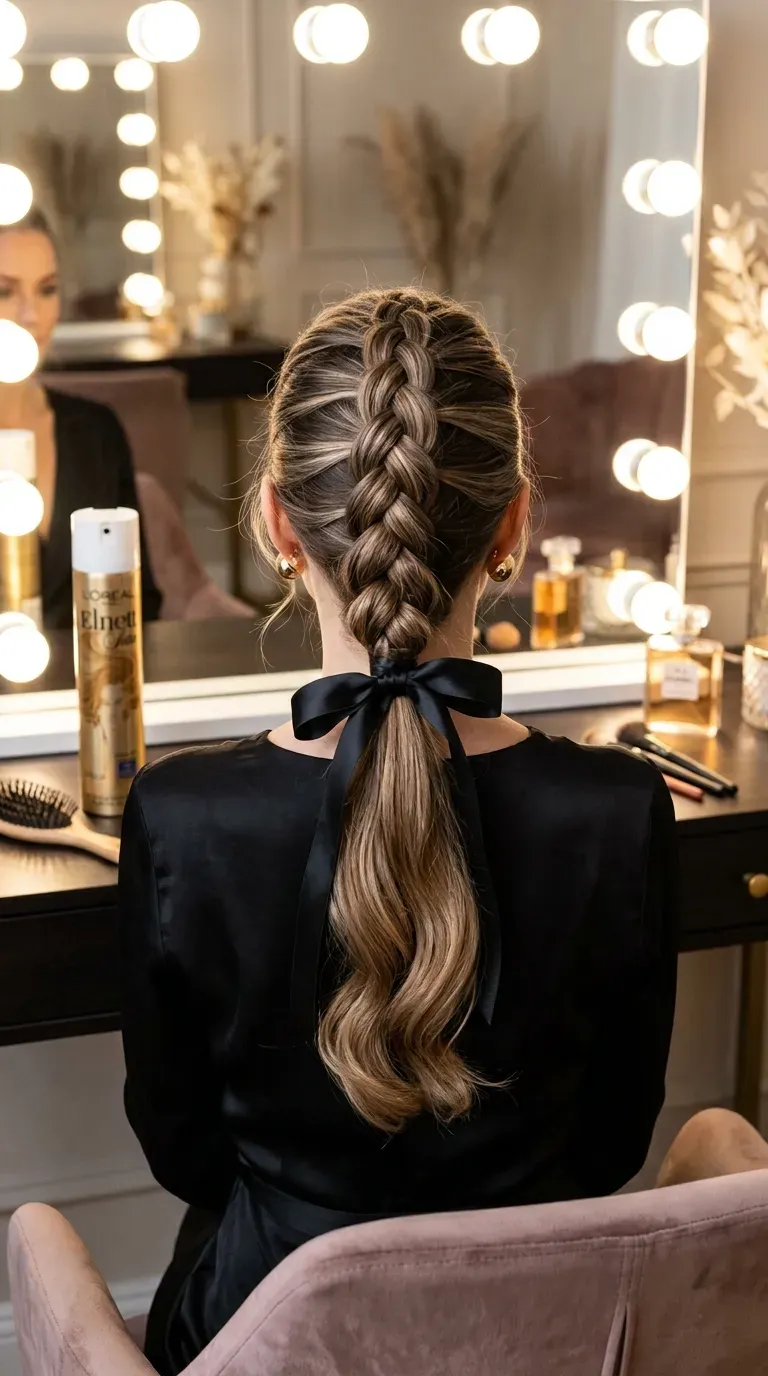 Woman with thin hair wearing a French braid that transitions into a ponytail for a party