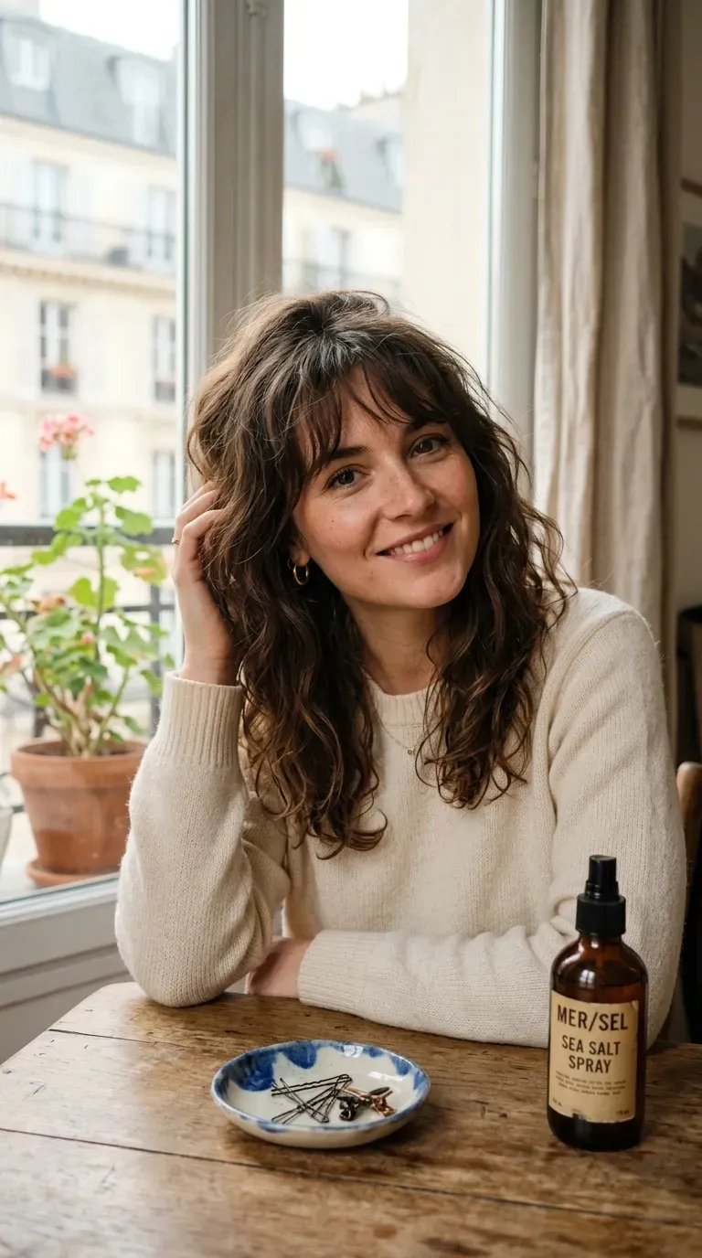 Woman with tousled French-style bangs falling naturally across the forehead