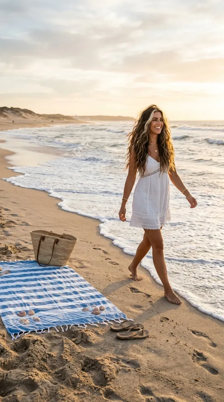 Woman with long dimensional brunette balayage hair and bright money piece on a sunny beach