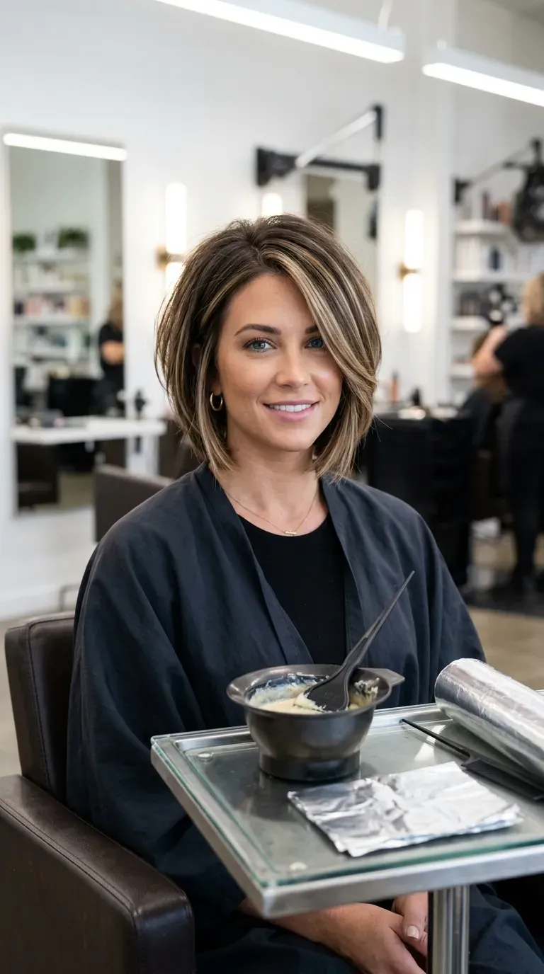 Woman with a funky stacked shag bob featuring choppy layers and playful texture