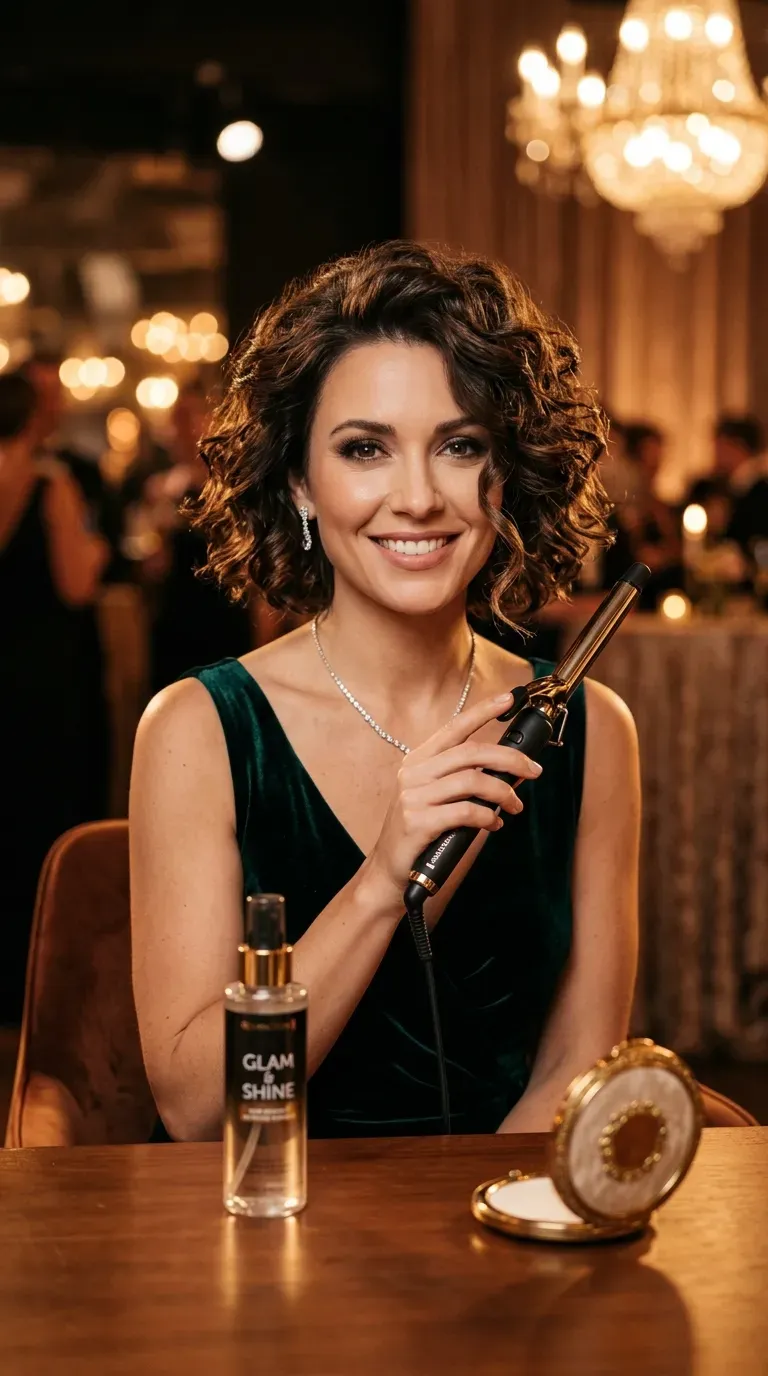 Woman with a shaggy bob styled with soft glamorous curls for evening wear