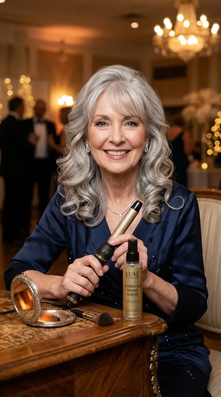 Woman over 60 with hair styled with glamorous curls and bangs for evening wear