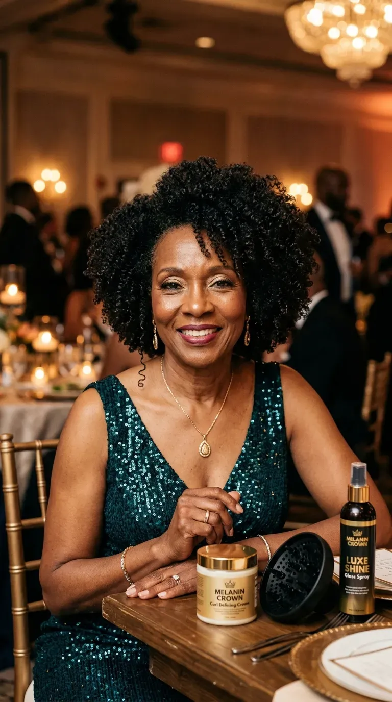 Older Black woman with a glamorous, well-defined wash-and-go styled for a special event
