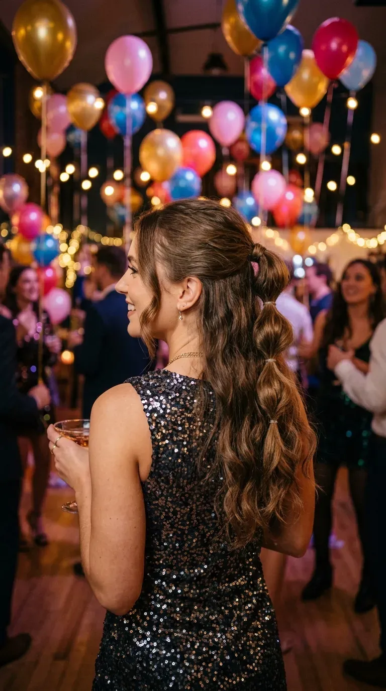 Woman with fine hair wearing a half-up bubble ponytail styled for a festive party