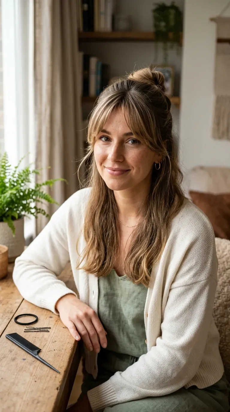 Woman wearing a half-up hairstyle with curtain bangs framing a round face