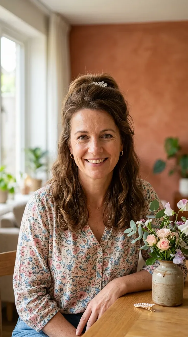 Woman over 40 with half-up hairstyle showing teased volume at the crown