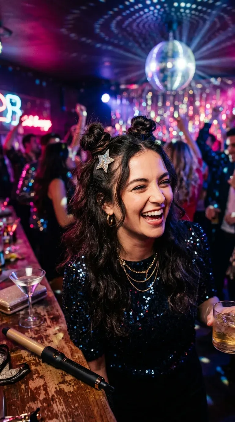 Woman with thin hair wearing half-up twisted space buns styled for a fun party look