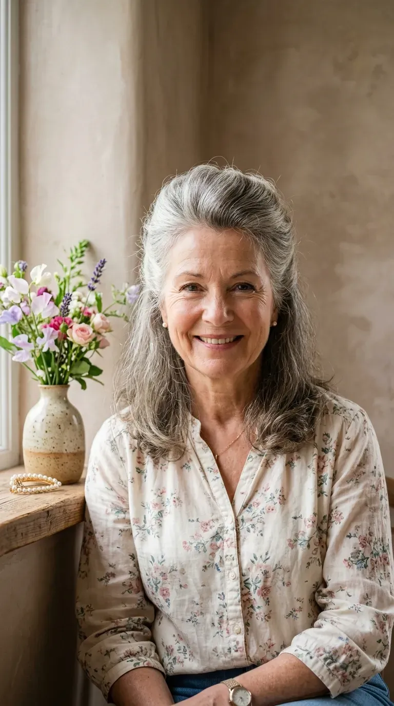 Woman over 60 with half-up hairstyle showing visible volume lifted at the crown