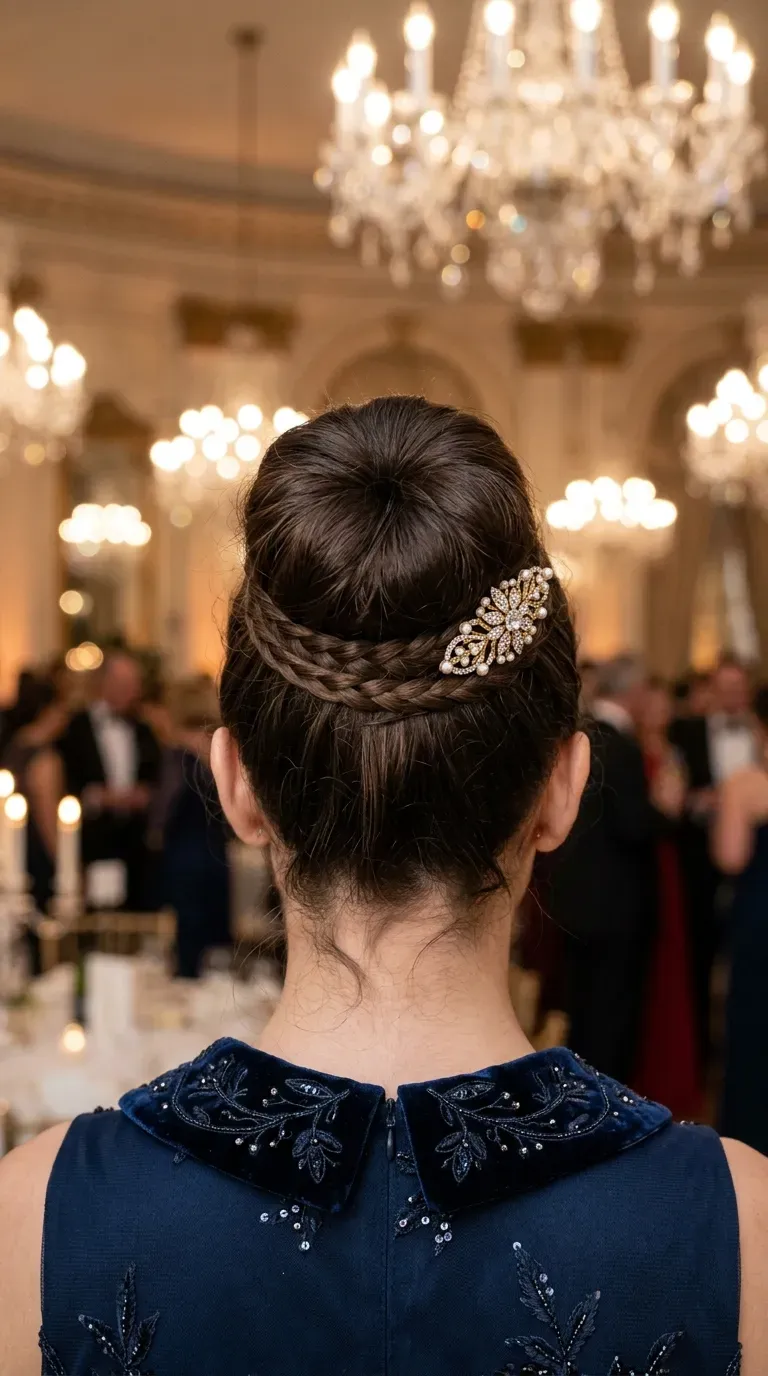 Woman with thin hair wearing a high bun wrapped with a small braid for an elegant party look