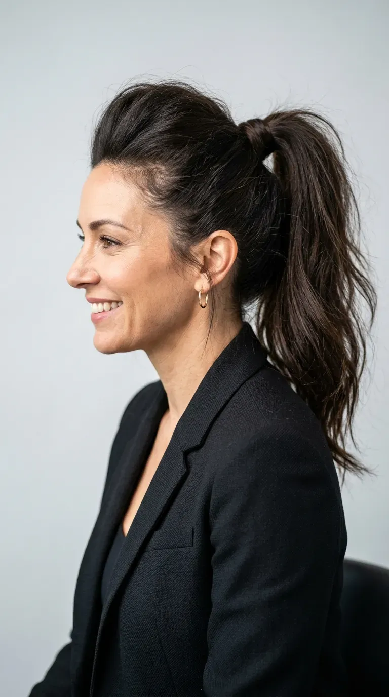 Woman over 40 with high ponytail styled with visible volume at the crown