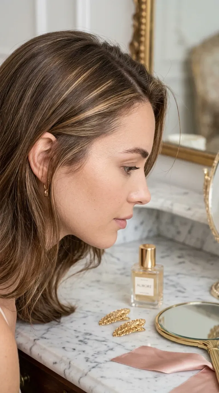 Close-up of fine honey blonde highlights woven into medium brunette hair at the hairline