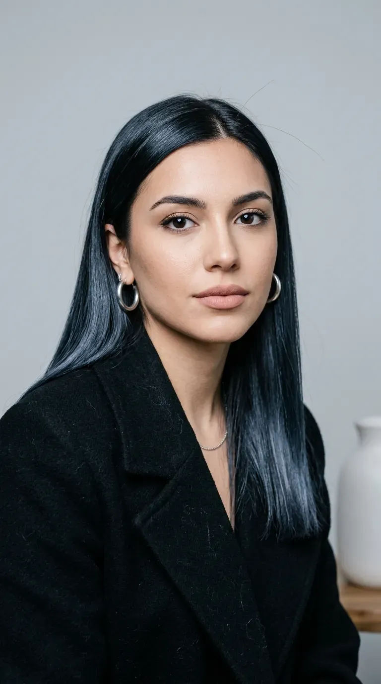 Woman with dark brunette hair featuring subtle icy blue-black balayage sheen