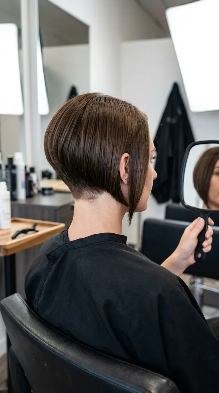 Woman with a dramatically inverted stacked bob, much shorter in back than front
