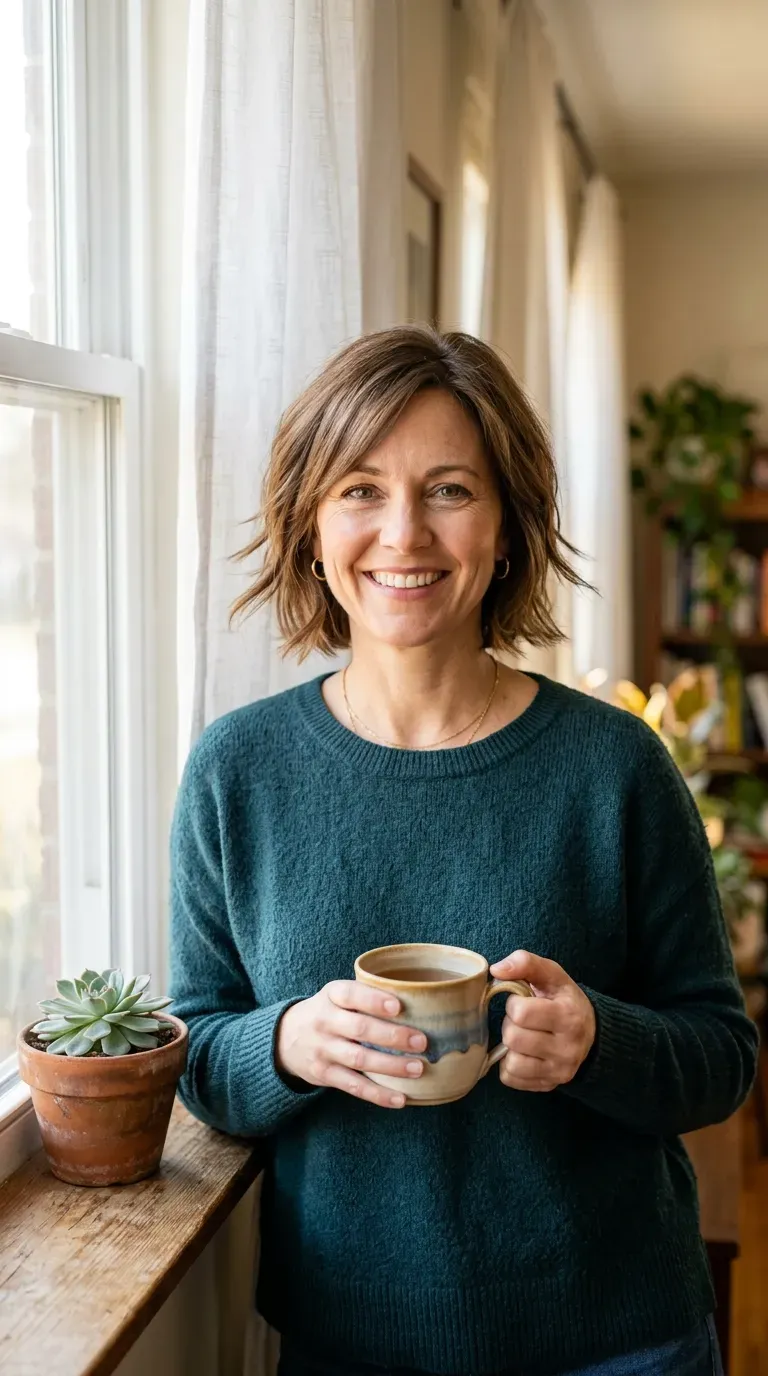 Woman over 40 with layered bob and soft face-framing pieces around the cheeks