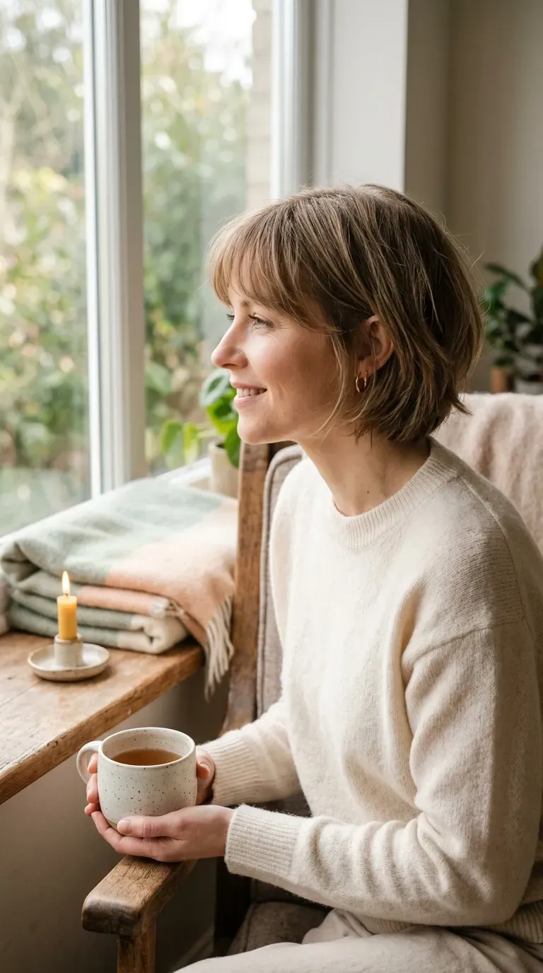 Woman with thin fine hair wearing a layered bob with soft feathered bangs