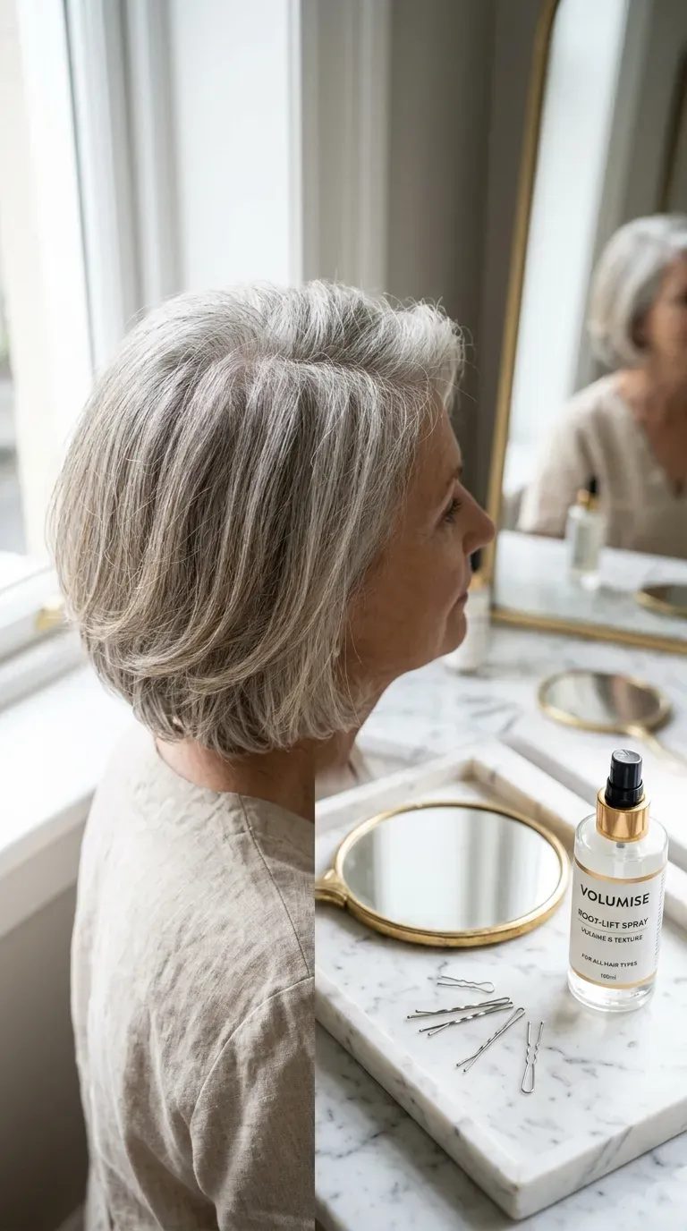 Close-up of woman over 60 with layered bob showing lifted roots at the crown