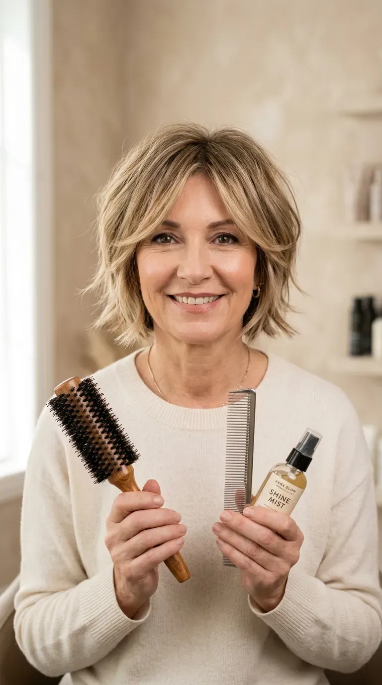 Woman over 60 with a layered choppy bob featuring soft face-framing pieces