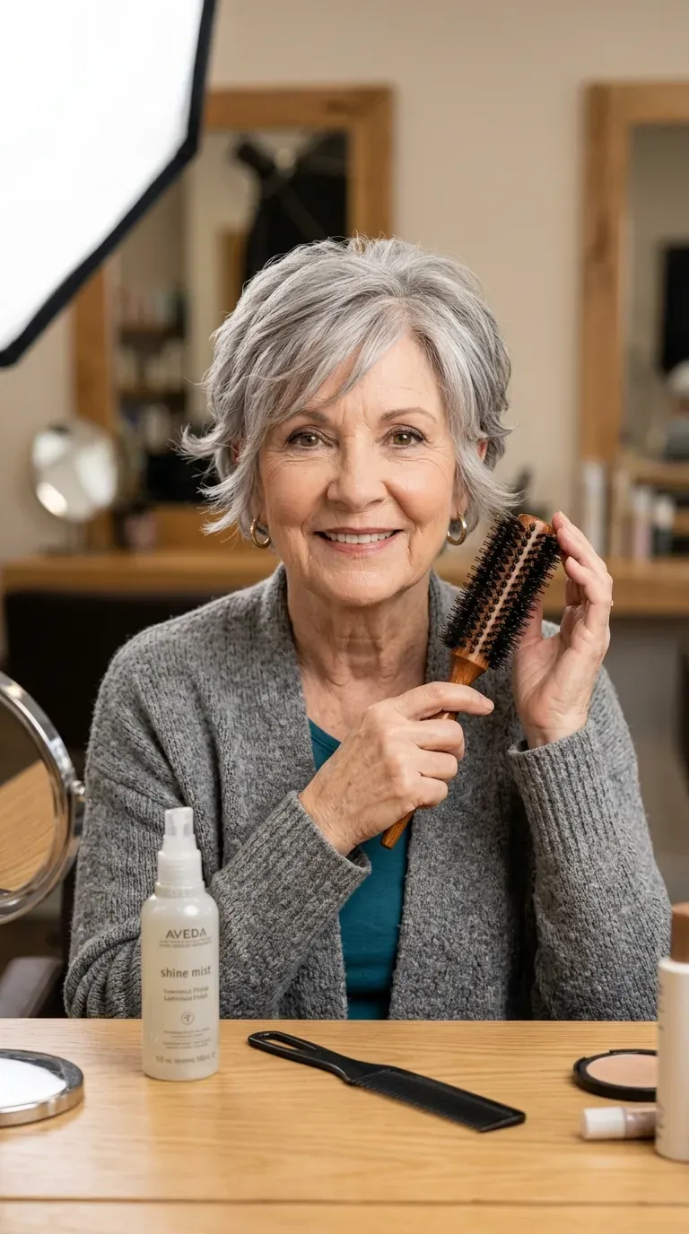 Elderly woman with a layered crop featuring soft face-framing pieces near the cheeks