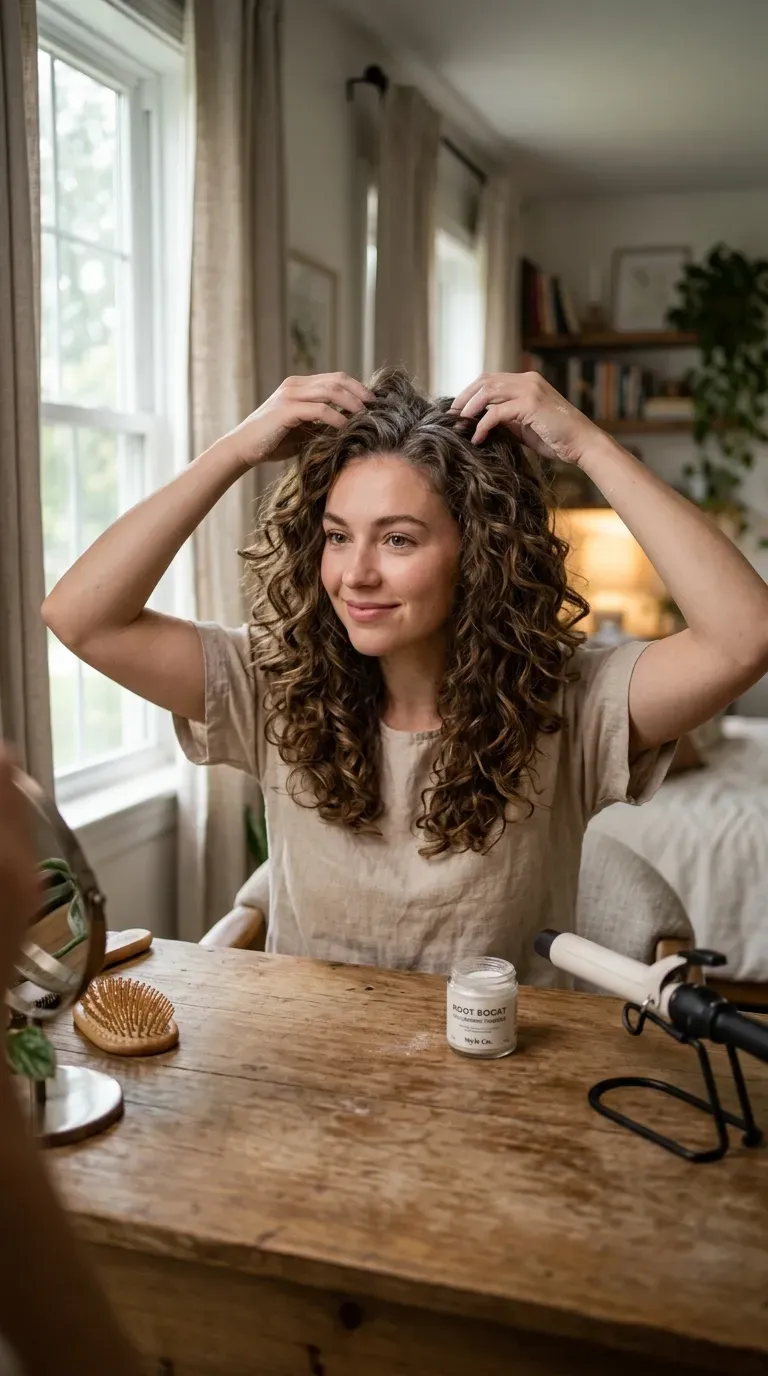 Woman with thin hair wearing layered curls styled with volumizing powder for a party
