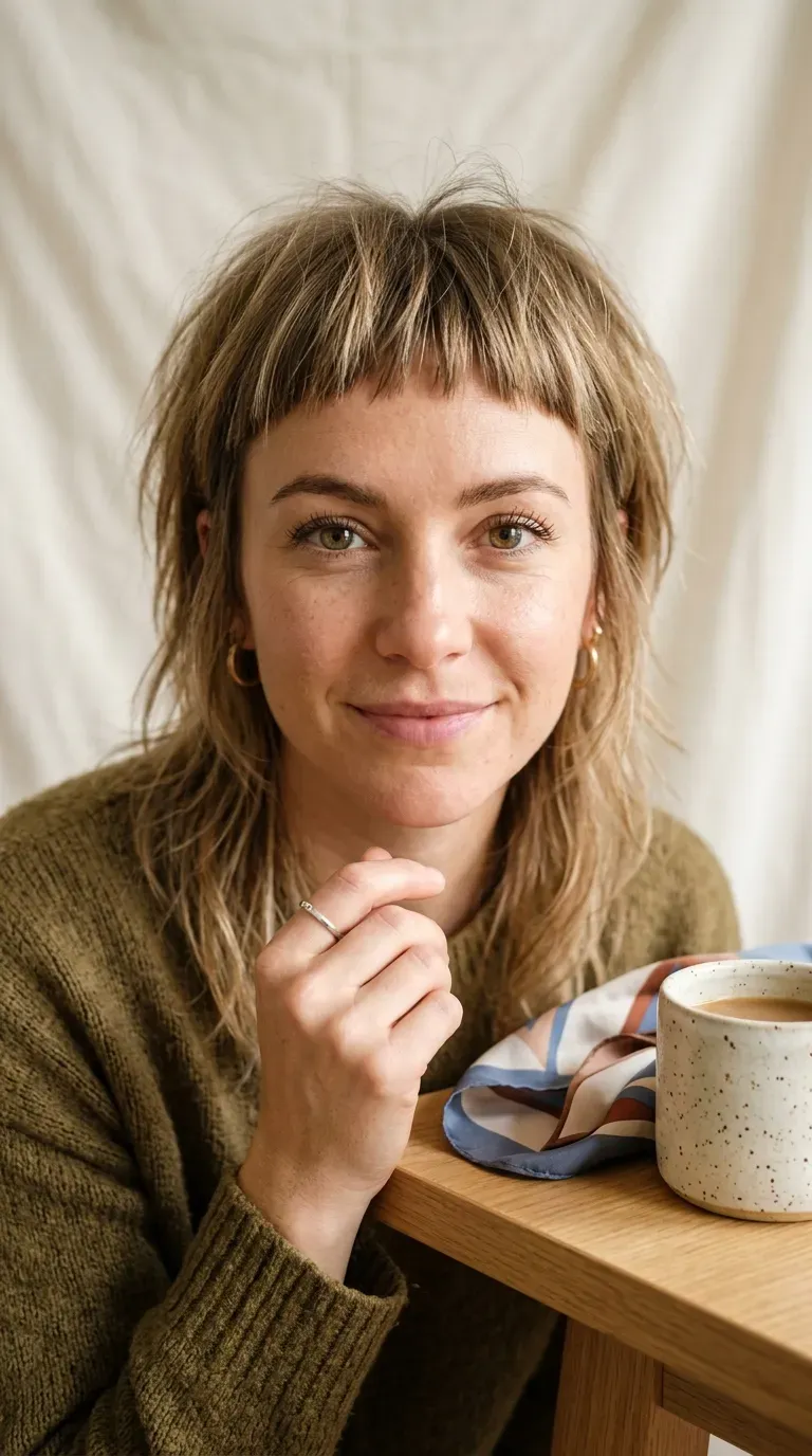 Woman with thin fine hair wearing a layered haircut with short baby bangs