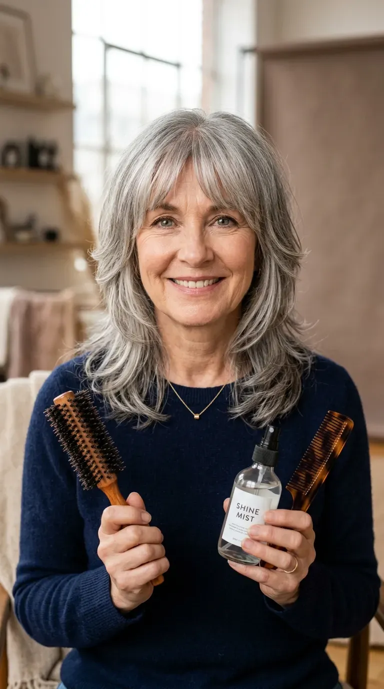 Woman over 60 with a layered haircut paired with a soft fringe