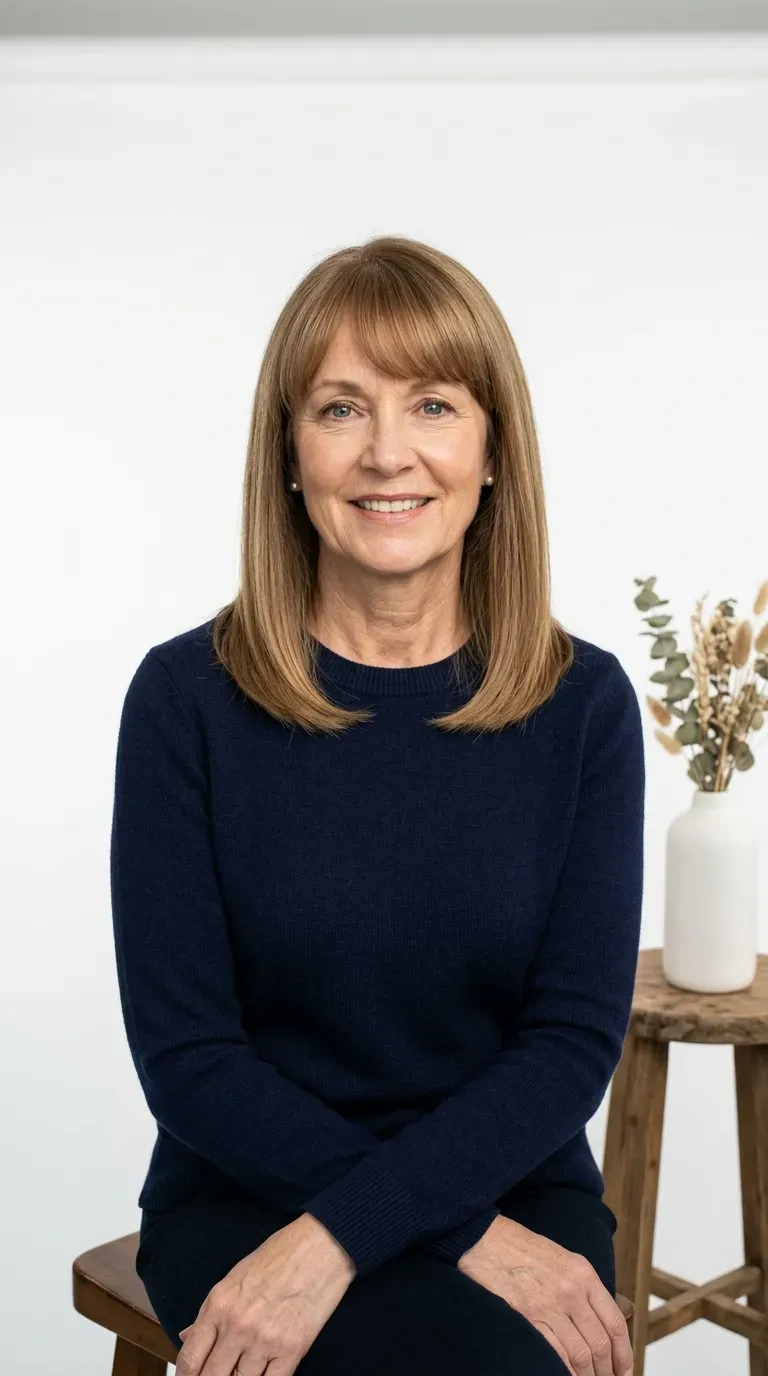 Woman with thin fine hair wearing a layered lob with rounded bangs curving along the brow