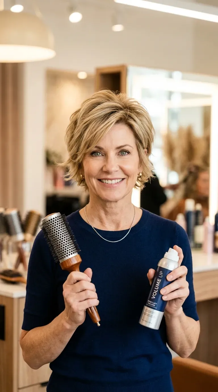 Woman over 50 with a layered pixie styled with lifted, voluminous roots
