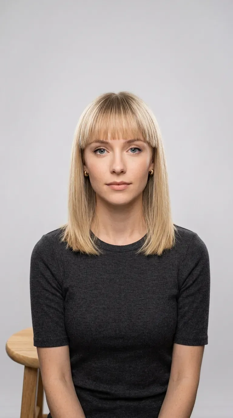 Woman with thin fine hair wearing a shoulder-length lob with blunt bangs across the forehead