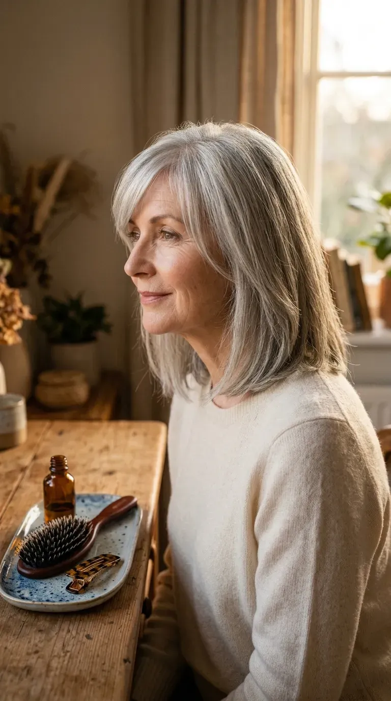 Woman over 60 with a long bob styled with long, side-swept bangs