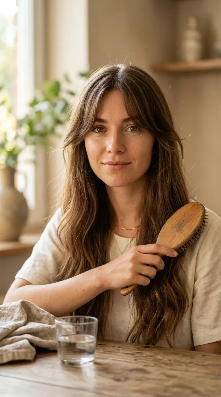 Woman with long curtain bangs parted in the center framing a round face
