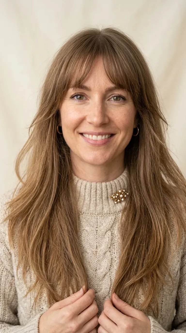 Woman with thin fine hair and long hair paired with a full layered fringe