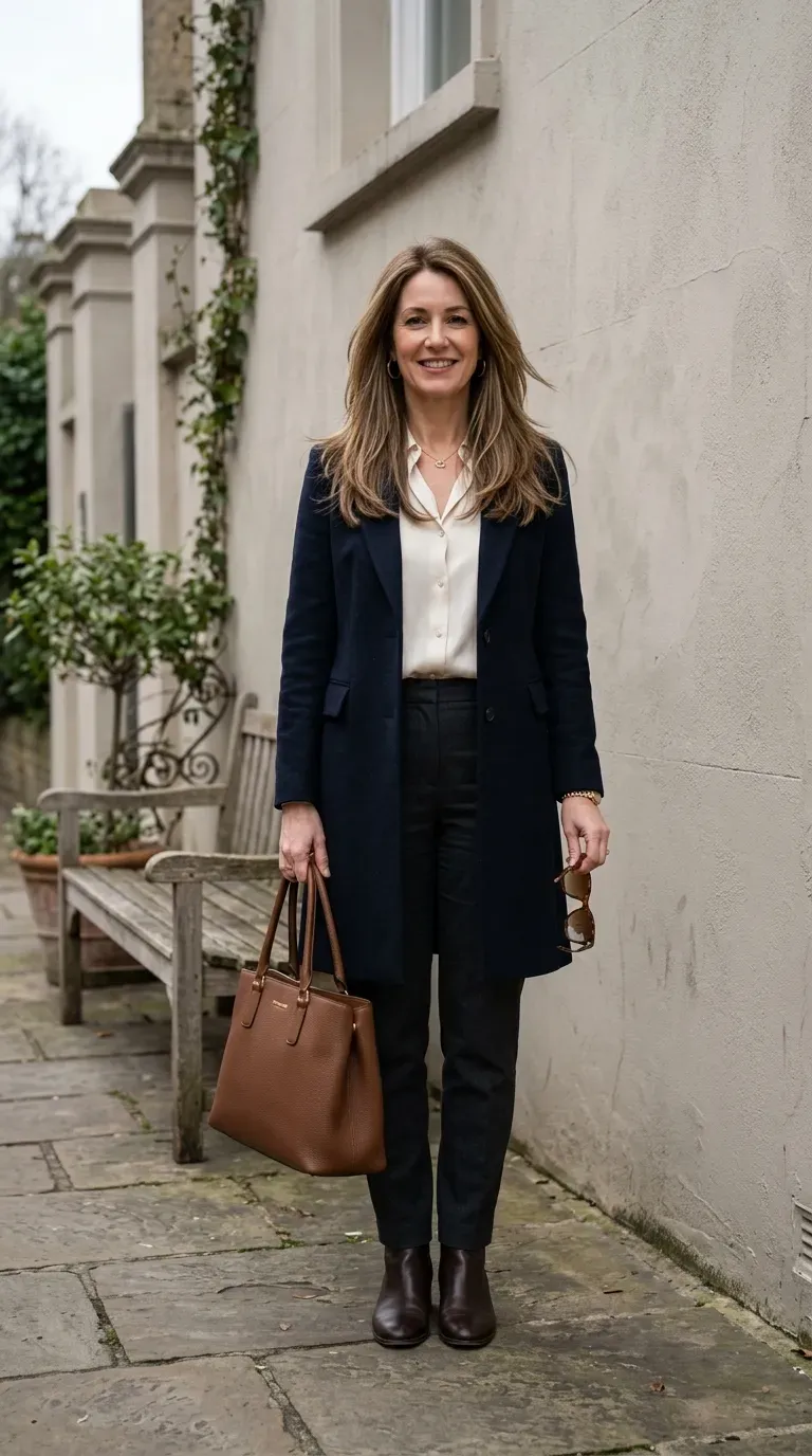 Woman over 40 with long layered haircut styled with soft volume through the crown