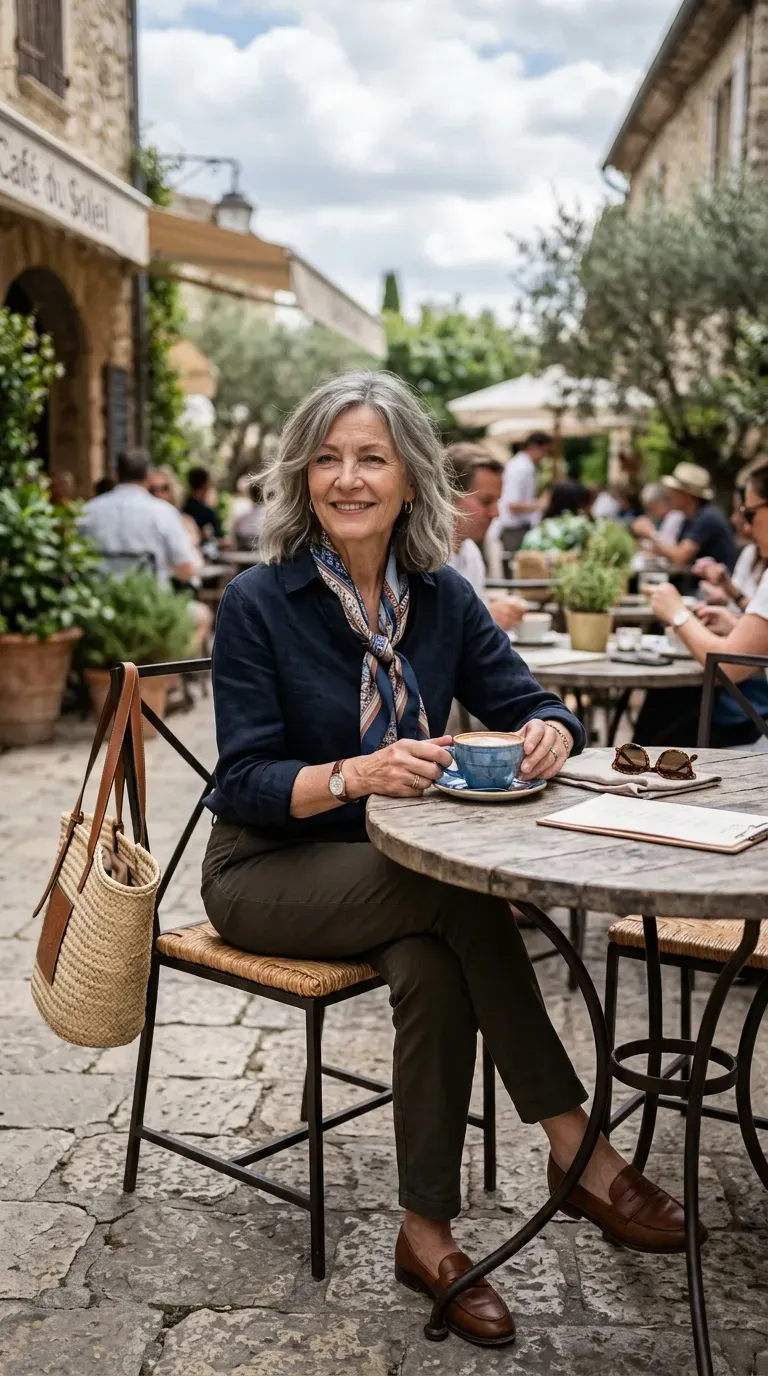 Woman over 60 with shoulder-length layered lob styled with soft waves at an outdoor cafe