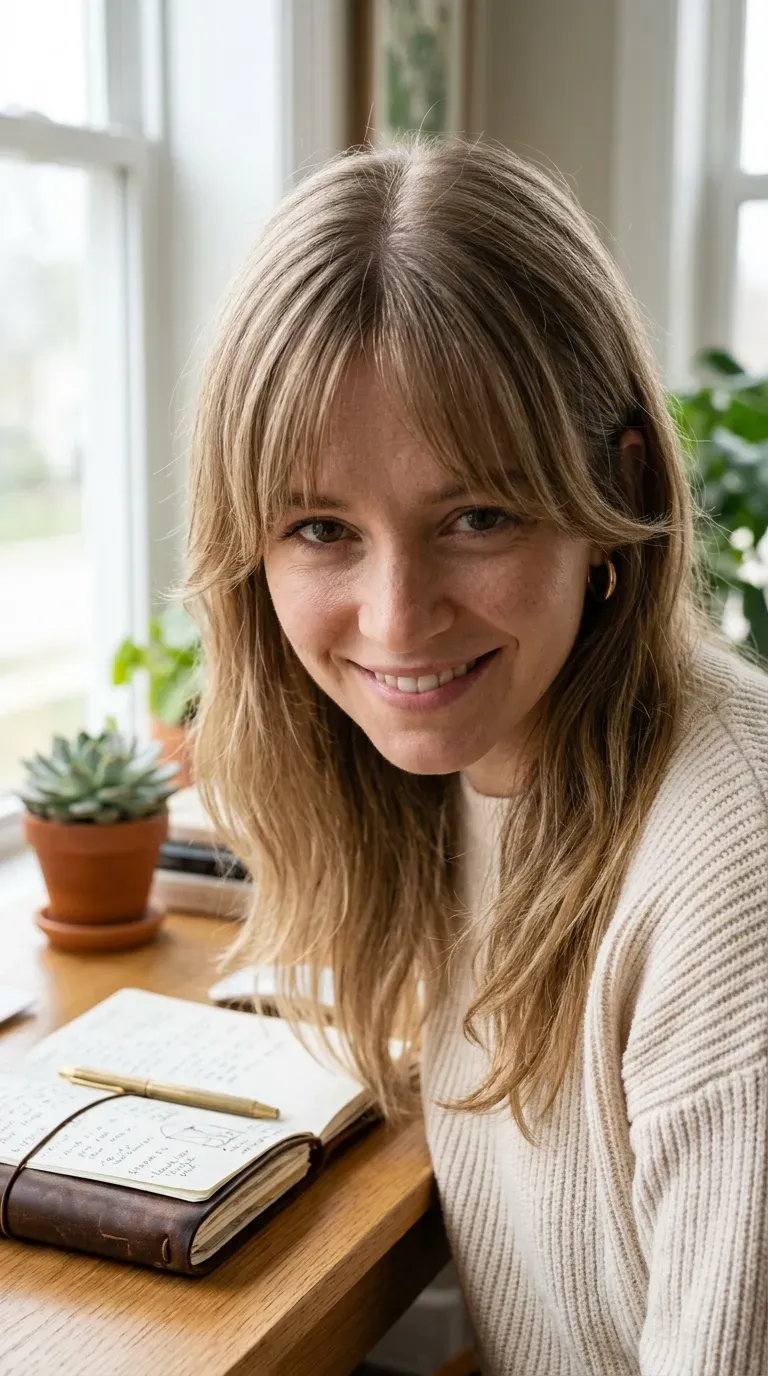 Woman with thin fine hair wearing long layers with bottleneck bangs framing the center part