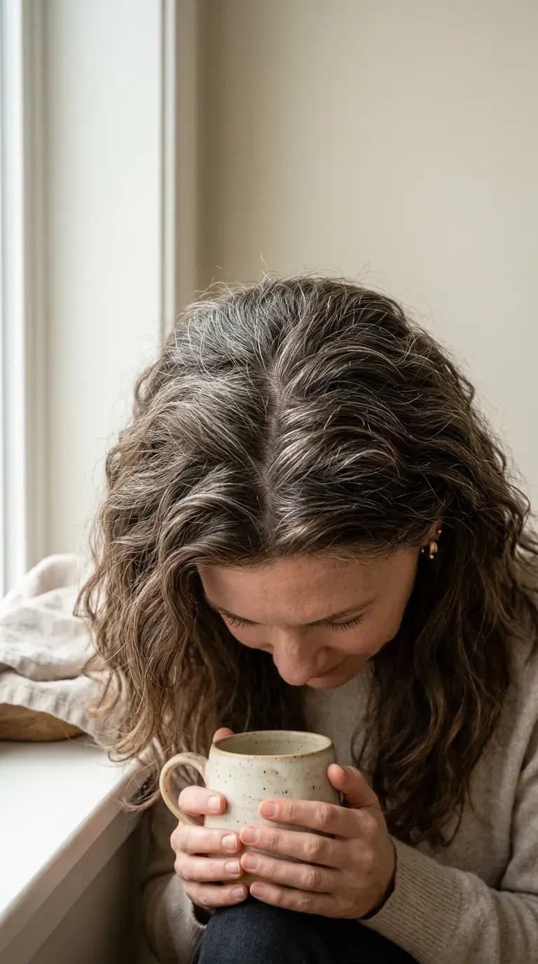 Close-up of woman over 40 with long layered hair showing lifted root texture from a root perm