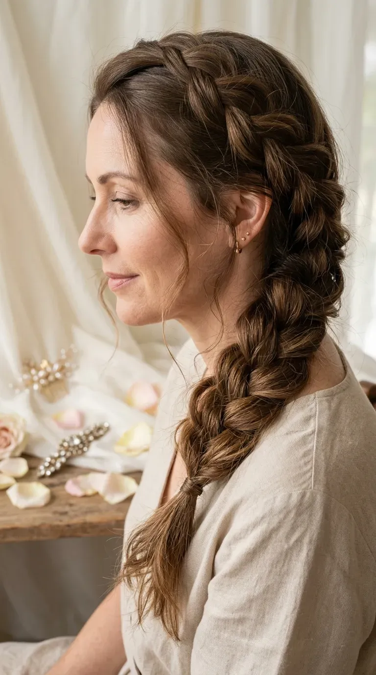Woman over 40 with loose side braid styled with pancaked sections for fullness