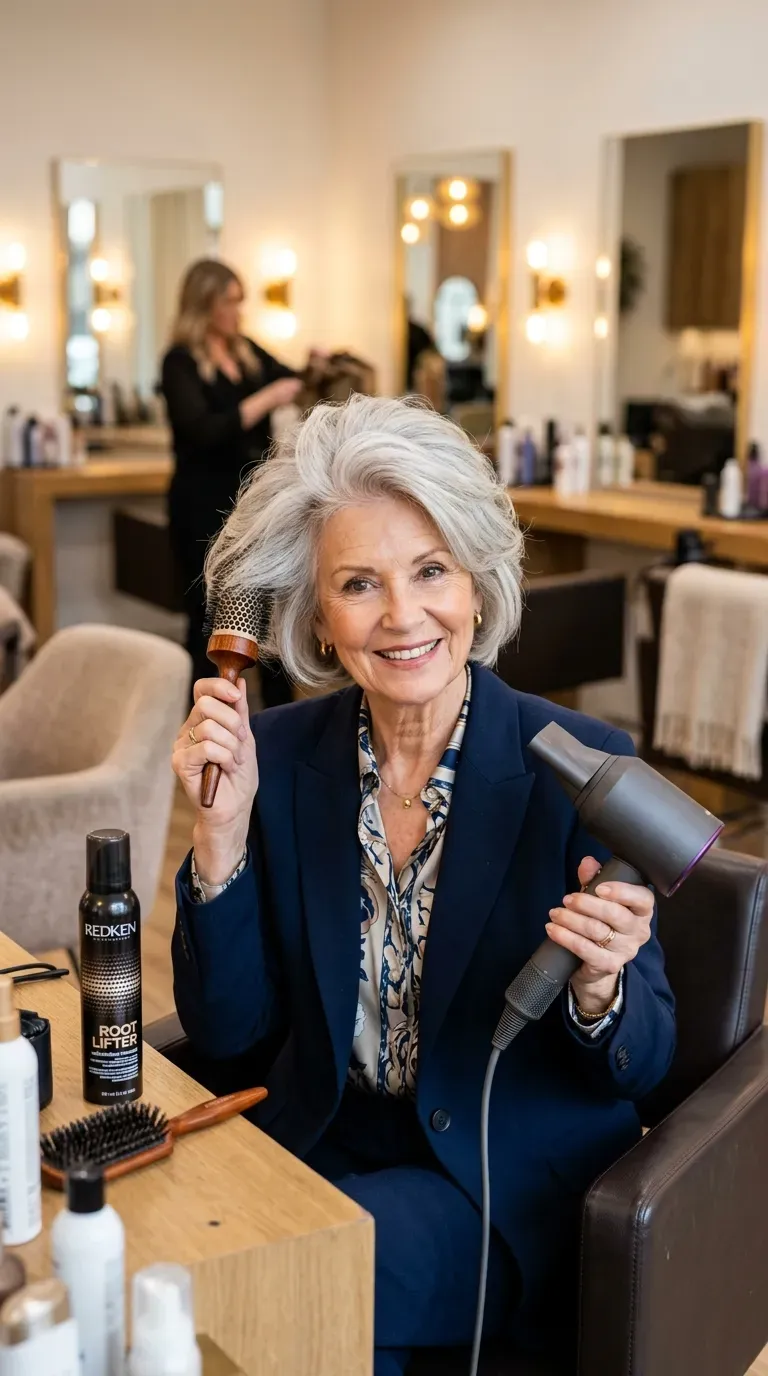 Elderly woman with a bob styled with loose, soft curls throughout